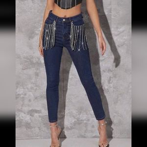 Women's dark blue jean rhinestone jeans